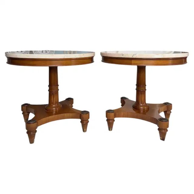 Elevate your living space with this breathtaking, authentic pair of Mid-Century Modern end tables from the prestigious...
