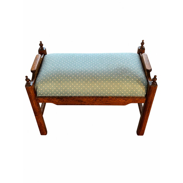 Victorian Antique Figured Wood Upholstered Bench With Turned Finials and Blue-Green Diamond Fabric For Sale - Image 3 of 10