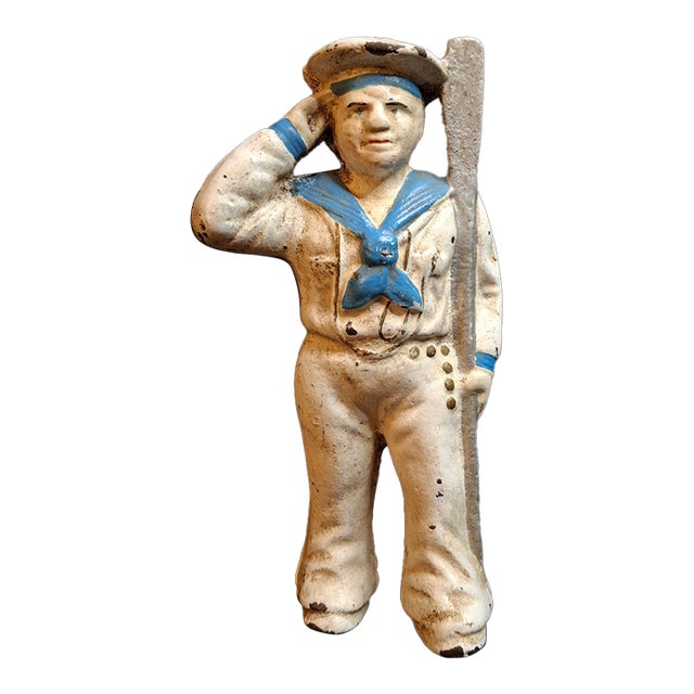 Antique Hubley Cast Iron Saluting Sailor Oarsman Still Penny Bank C. 1910-1915 For Sale
