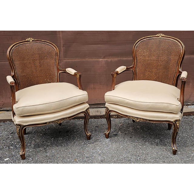 Wood Late 20th Century Pair Century Furniture Lpuis XV Style Walnut Cane Back and Upholstered Fauteuils For Sale - Image 7 of 12