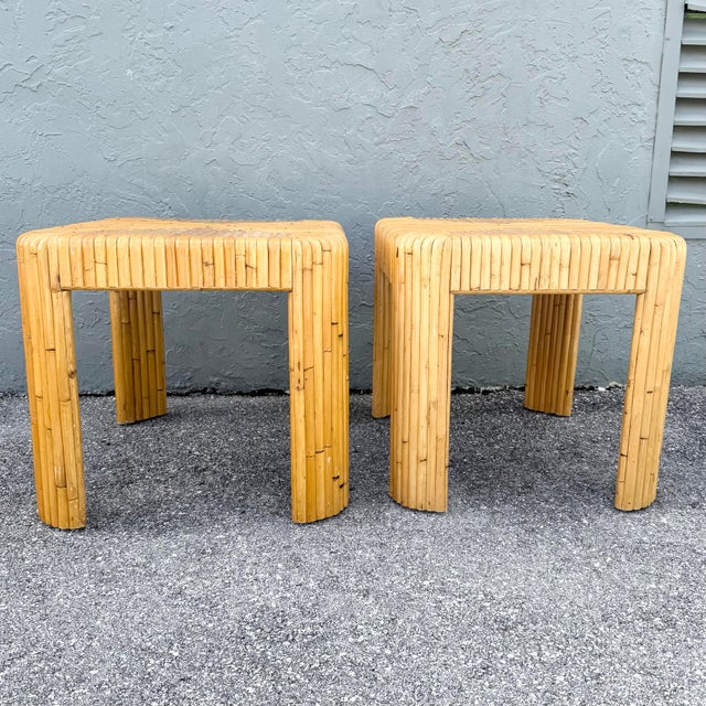 Mid 20th Century Boho Chic Split Bamboo Waterfall Side Table - A Pair For Sale - Image 5 of 8