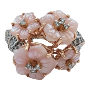 Carved Rose Quartz and White Diamond Ring in 14K Rose Gold, size 10.25