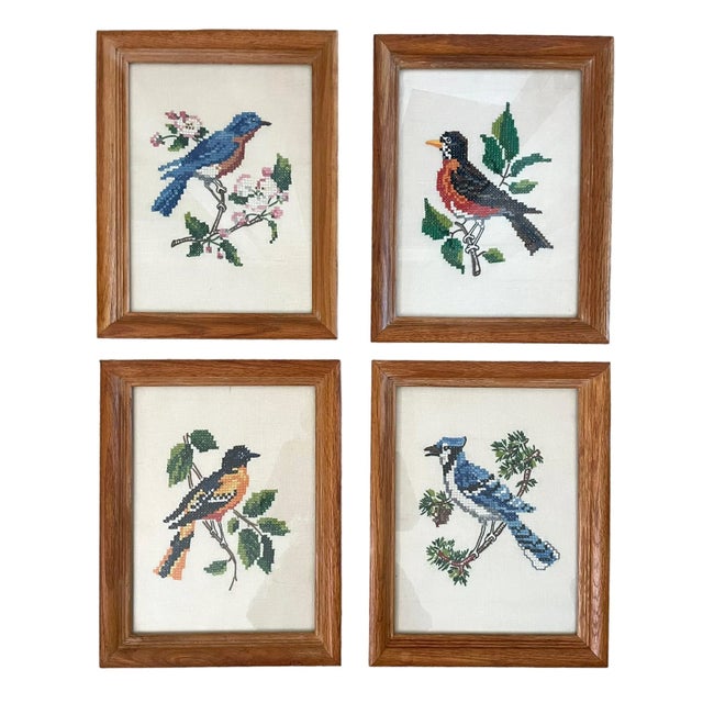 Ivory Vintage Cross-Stitched Embroidered Framed Songbirds. Set of Four. For Sale - Image 8 of 8
