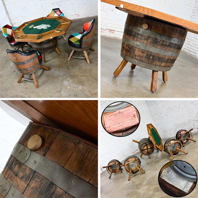 Late 20th Century Rustic Oak Whiskey Barrel Poker Table & 4 Swivel