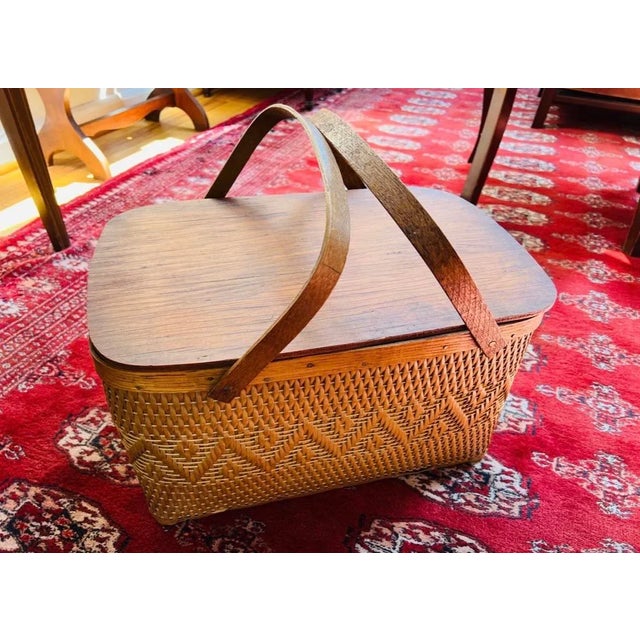 Wood Vintage Peterboro Woven Splint Wood Picnic Basket For Sale - Image 7 of 7