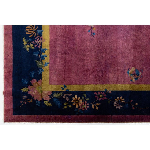 Burgundy 1920s Antique Chinese Art Deco Rug With Floral Branches in Magenta and Navy Blue For Sale - Image 8 of 13