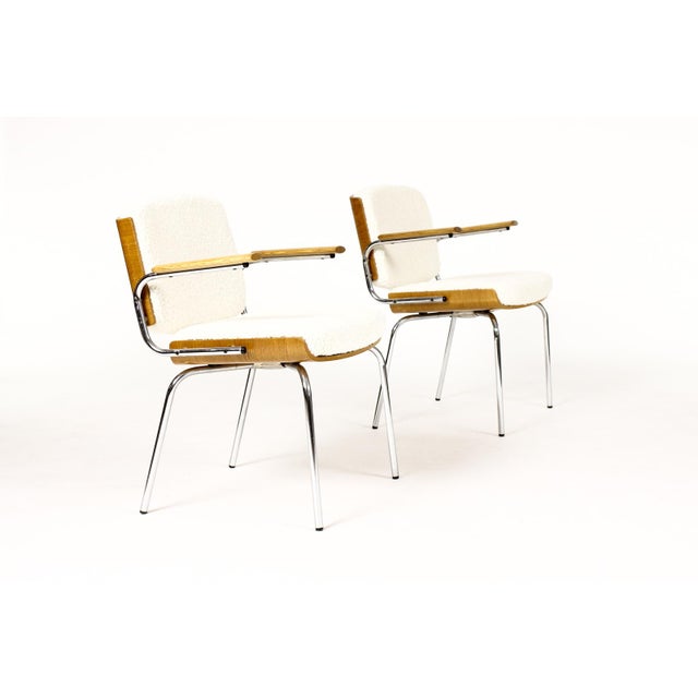 #1907 — Danish Modern / Mid Century Arm Chairs — Duba Møbelindustri — Chrome + Oak + Natural Bouclé Great vintage...