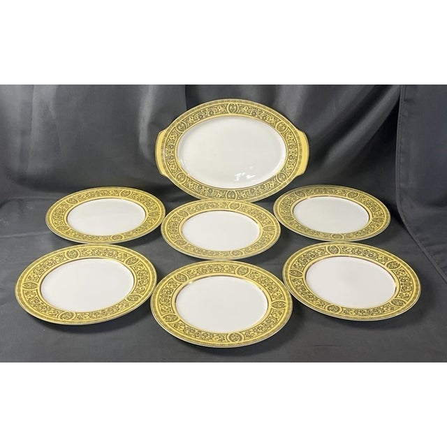 1970s Set of 6 Golden Damask Plates and Platter For Sale - Image 4 of 8