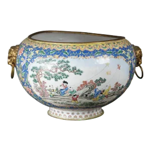 Early 1900s Antique Chinese Canton Enamel on Copper Jaridiniere Fish Bowl Gilt Metal Handles