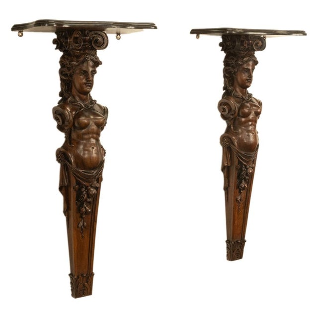 Traditional Antique 19thC Italian Carved Walnut Renaissance Revival Pair Caryatid Brackets, Circa 1850 For Sale - Image 3 of 15