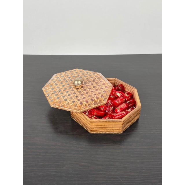 Acrylic Wicker Wood & Brass Octagonal Box by Christian Dior, France, 1970s For Sale - Image 8 of 10
