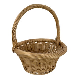 Vintage Unused Natural Color Willow Basket With Twisted Handle For Sale