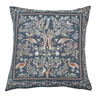 Trees & Birds Blue Tapestry Cushion With Feather Filler - 46x46cm (18"x18") For Sale