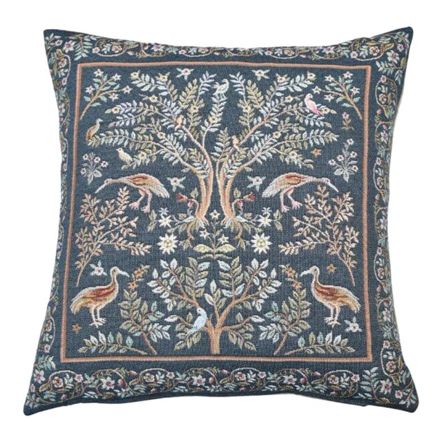 Trees & Birds Blue Tapestry Cushion With Feather Filler - 46x46cm (18"x18") For Sale