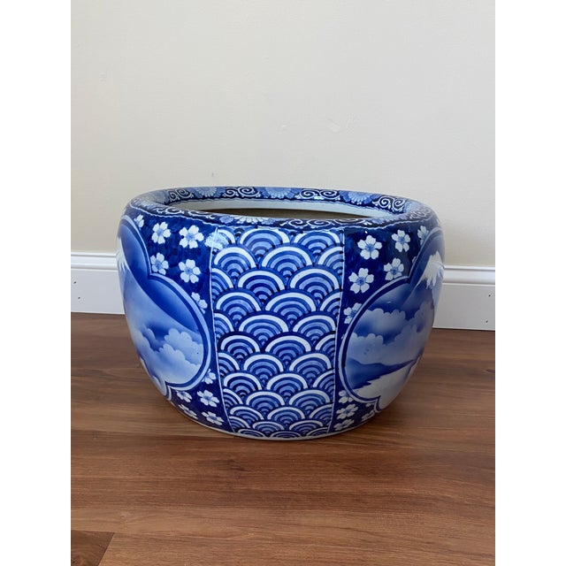 Mid 20th Century Large Blue and White Porcelain Mount Fuji Planter For Sale - Image 10 of 11