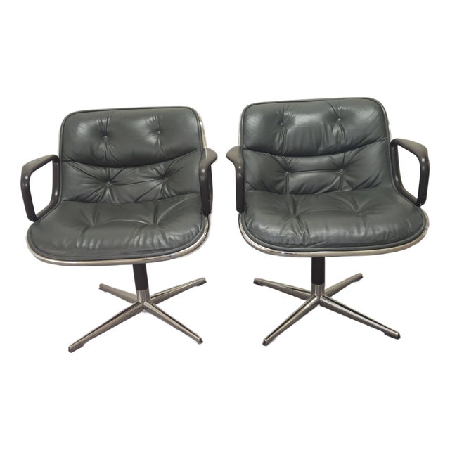 Iconic Early Charles Pollock Executive Armchairs a Pair Solid Aluminum Base Green Leather For Sale