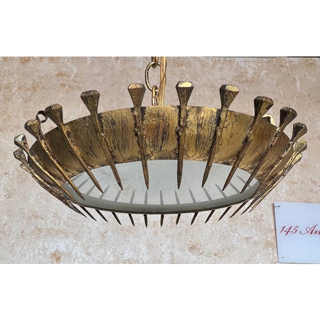 1960s Spanish 1960s Brutalist Gilt Metal Nail Design Sunburst Ceiling Fixture For Sale - Image 5 of 12