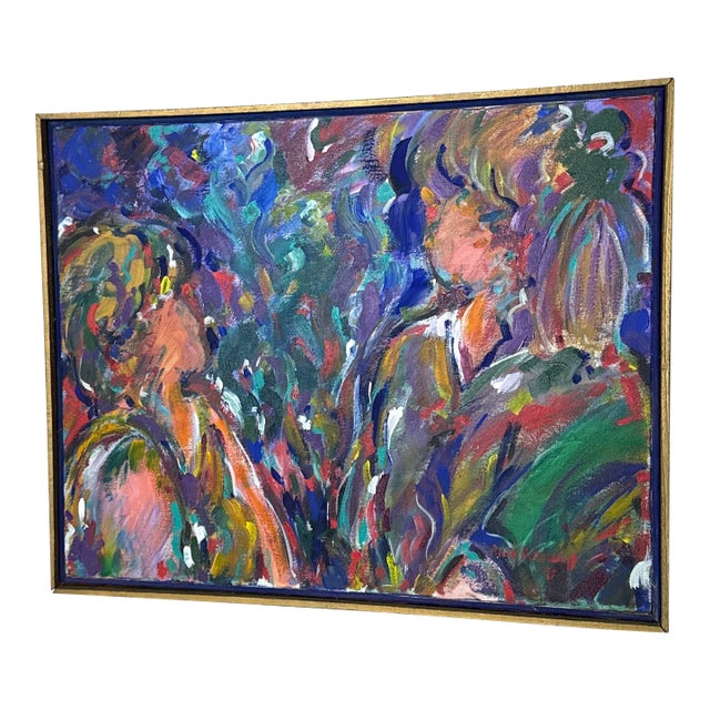 1970s Vintage Colorful Abstract Figure Painting Signed Amy ~Framed For Sale