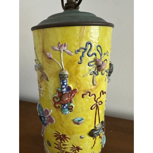 Antique Chinese Famille Rose Yellow Lamp Relief Decorated Vase For Sale - Image 13 of 18