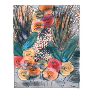 Hand-Painted Ceramic Art Wall Panel or Tile with Flower & Plant Motifs by Traute Lossau for Kupfermühle KMK Keramik, West Germany, 1960s For Sale