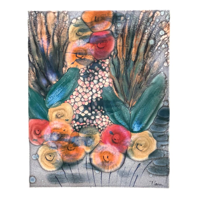 Hand-Painted Ceramic Art Wall Panel or Tile with Flower & Plant Motifs by Traute Lossau for Kupfermühle KMK Keramik, West Germany, 1960s For Sale