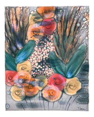Hand-Painted Ceramic Art Wall Panel or Tile with Flower & Plant Motifs by Traute Lossau for Kupfermühle KMK Keramik, West Germany, 1960s