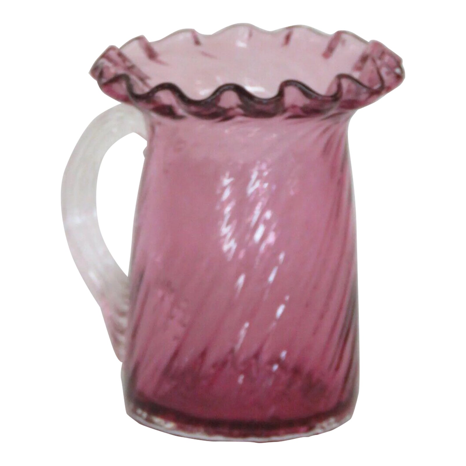 Pilgrim Glass Style Cranberry Pink Optic Swirl Ruffled Rim Pitcher Vase ...