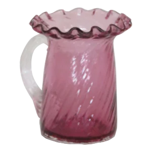 Pilgrim Glass Style Cranberry Pink Optic Swirl Ruffled Rim Pitcher Vase