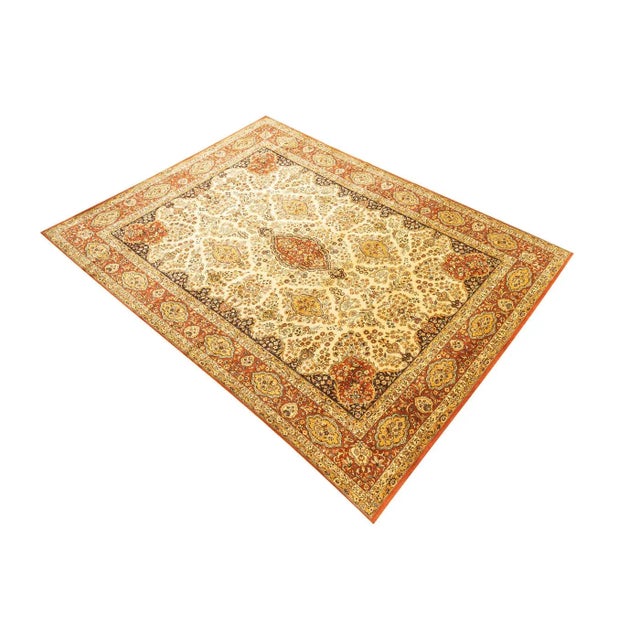 Rug from the 1960s with a wonderful Keshan pattern in shades of beige, mustard, yellow, blue and rust red. Features: -...
