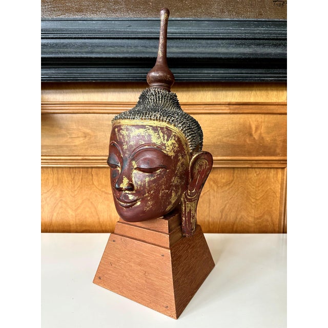 Early 19th Century Antique Burmese Lacquer and Gilt Buddha Head Sculpture For Sale - Image 5 of 18