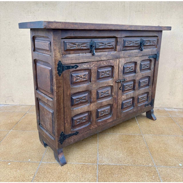 Brown Rustic Spanish Carved Wooden Sideboard, 1980s For Sale - Image 8 of 10