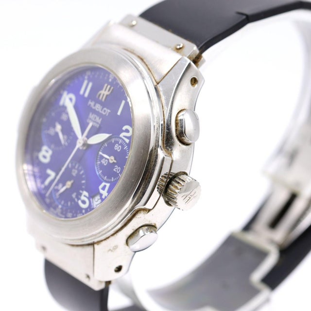 Art Deco 1990s Hublot Elegant MDM 1810.2 Stainless Steel Blue Dial Automatic Chronograph Watch For Sale - Image 3 of 8