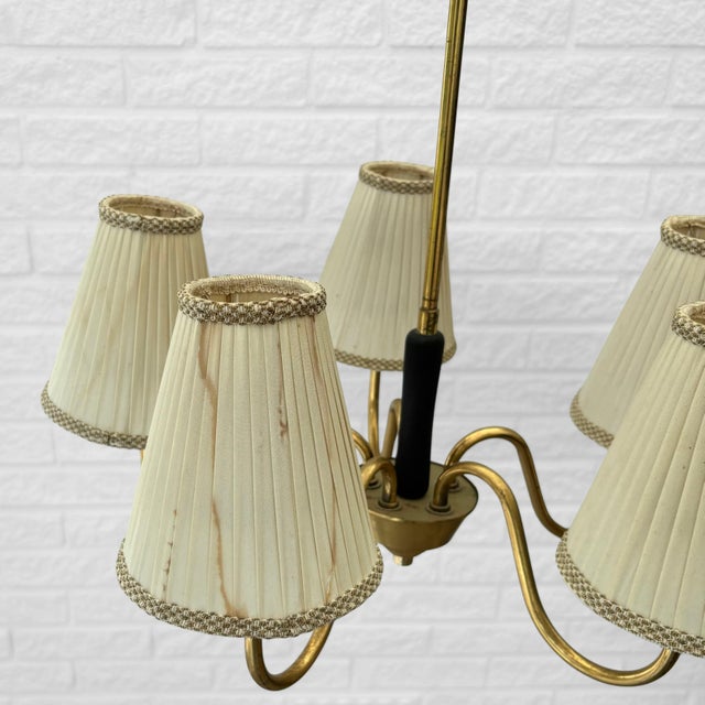 Cream Mid-Century Scandinavian Chandelier with Five Arms in Brass & Textile, Sweden, 1940s For Sale - Image 8 of 9