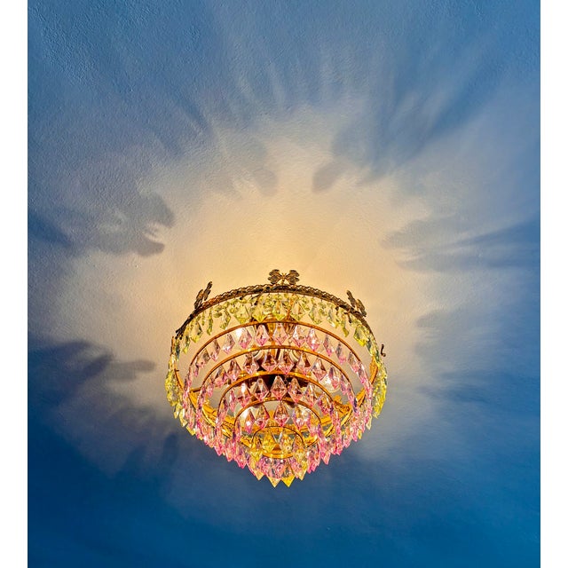 1970s Vintage Brass Butterfly Motif Flush Mount Chandelier With Pink & Green Crystals – 6 Light For Sale - Image 11 of 14