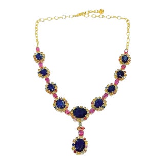 Bochic “Capri” Vintage Sapphire & Ruby Necklace Set In 18K Gold & Silver For Sale