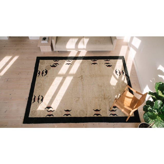 Textile Attractive Ivory Background & Black Border Allover-Trellis Pattern Chinese Peking Rug For Sale - Image 7 of 8