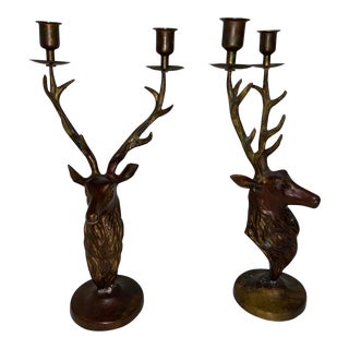 Vintage Cast Bronze Stag Candelabras - Pair For Sale