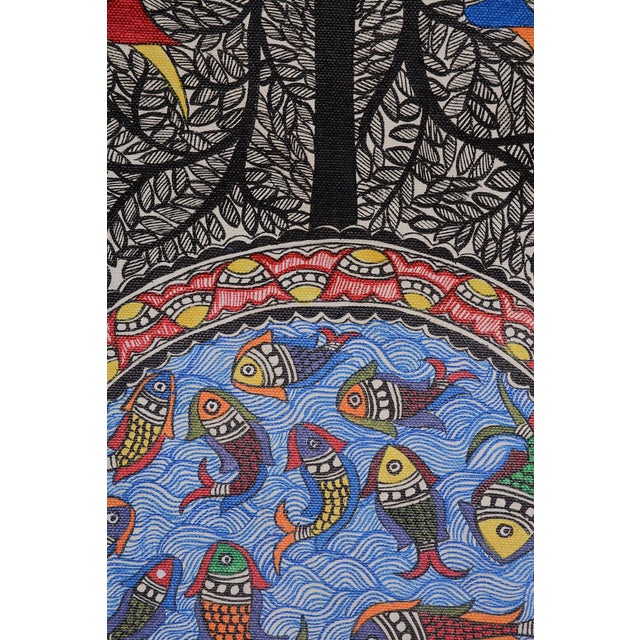 A captivating example of traditional Indian folk art, this intricate hand-painted Madhubani painting is attributed to...