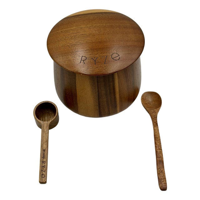 Ryze Mushroom Coffee Acacia Wood Handcrafted Storage Jar Container W/ Spoons 3pc Set For Sale