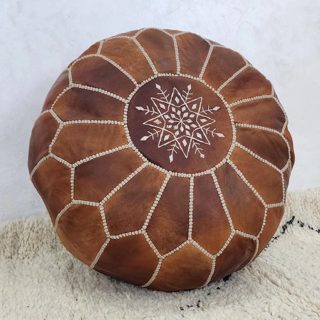 Handcrafted Moroccan Leather Pouf Cover – Rich Brown Ottoman, Genuine Goat Leather, Hand-Stitched Marrakech Artisan, Boho Chic Decor For Sale - Image 6 of 6