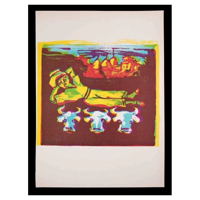 Mino Maccari, The Dreaming Cowboy, Linocut, 1951 For Sale