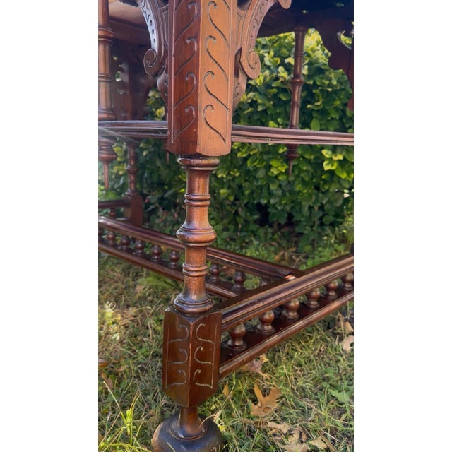 Victorian Antique Victorian Mahogany Writing Table With Intricate Carvings and Pierced Fretwork, Late 19th Century For Sale - Image 3 of 6