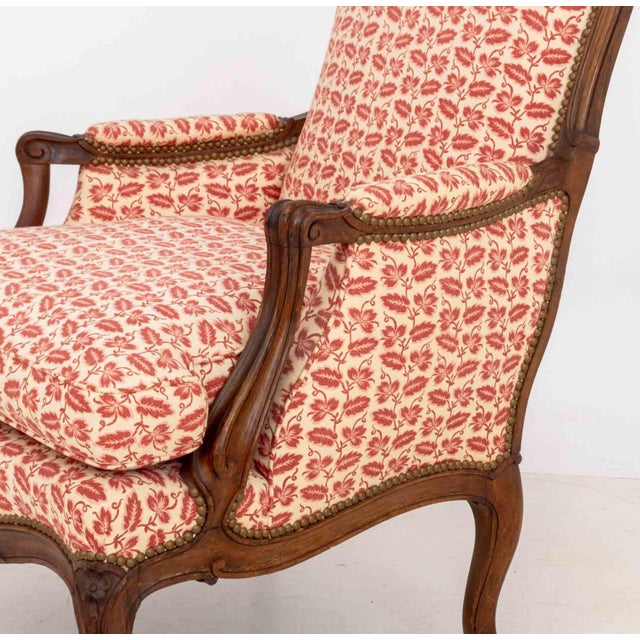 Pair of Louis XV Style Red and White Fabric Upholstered Walnut Bergeres For Sale - Image 13 of 13
