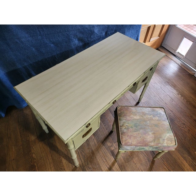 Wood Late 20th Century Ficks Reed Faux Bamboo Writing Desk and Stool - Set of 2 For Sale - Image 7 of 12