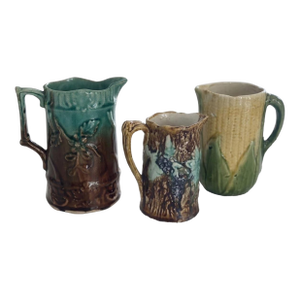 Antique 19th C. Victorian Majolica Botanical & Harvest Pitchers - Set of 3