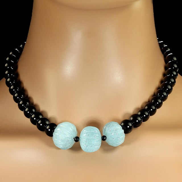 2020s Ajd 18 Inch Elegant Black Onyx Necklace With Hand Carved Aquamarine Accents For Sale - Image 5 of 5