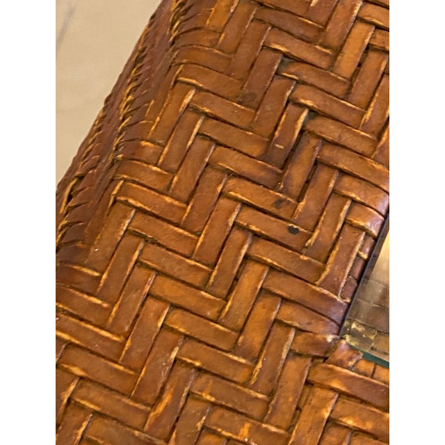 Glass Vintage Scroll Ming Legs Braided Leather Wicker Glass Top Coffee Cocktail Table For Sale - Image 7 of 13