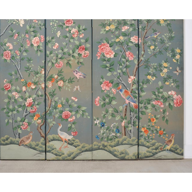 Slate Gray Gracie Style 8 Panel Chinoiserie Painted Wallpaper Screen 12 Ft For Sale - Image 8 of 18