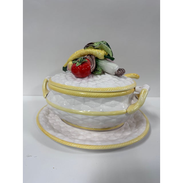 Mid-Century Modern Antique Majolica Ceramic Soup Tureen With Vegetables With Underplate and Serving Spoon For Sale - Image 3 of 12