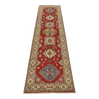 Kazak Runner 2’9” X 9’7” Red Wool Tribal Hand-Knotted Oriental Rug For Sale